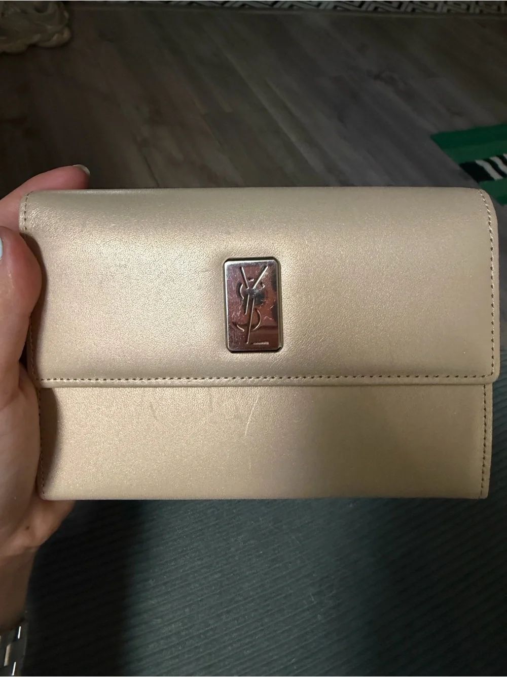 Yves Saint Laurent Champagne Leather Wallet with Metal YSL Plaque